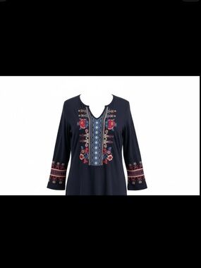 JW Los Angeles Joy Love Light Embroidered Floral Boho Black Tunic Top Womens XS